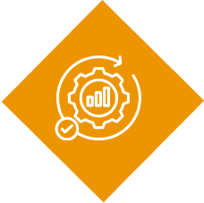 Gear and graph icon on orange diamond.