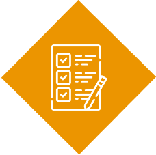 Checklist icon on orange diamond background.