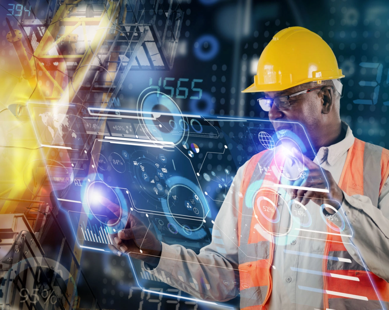 Engineer interacting with futuristic digital interface.