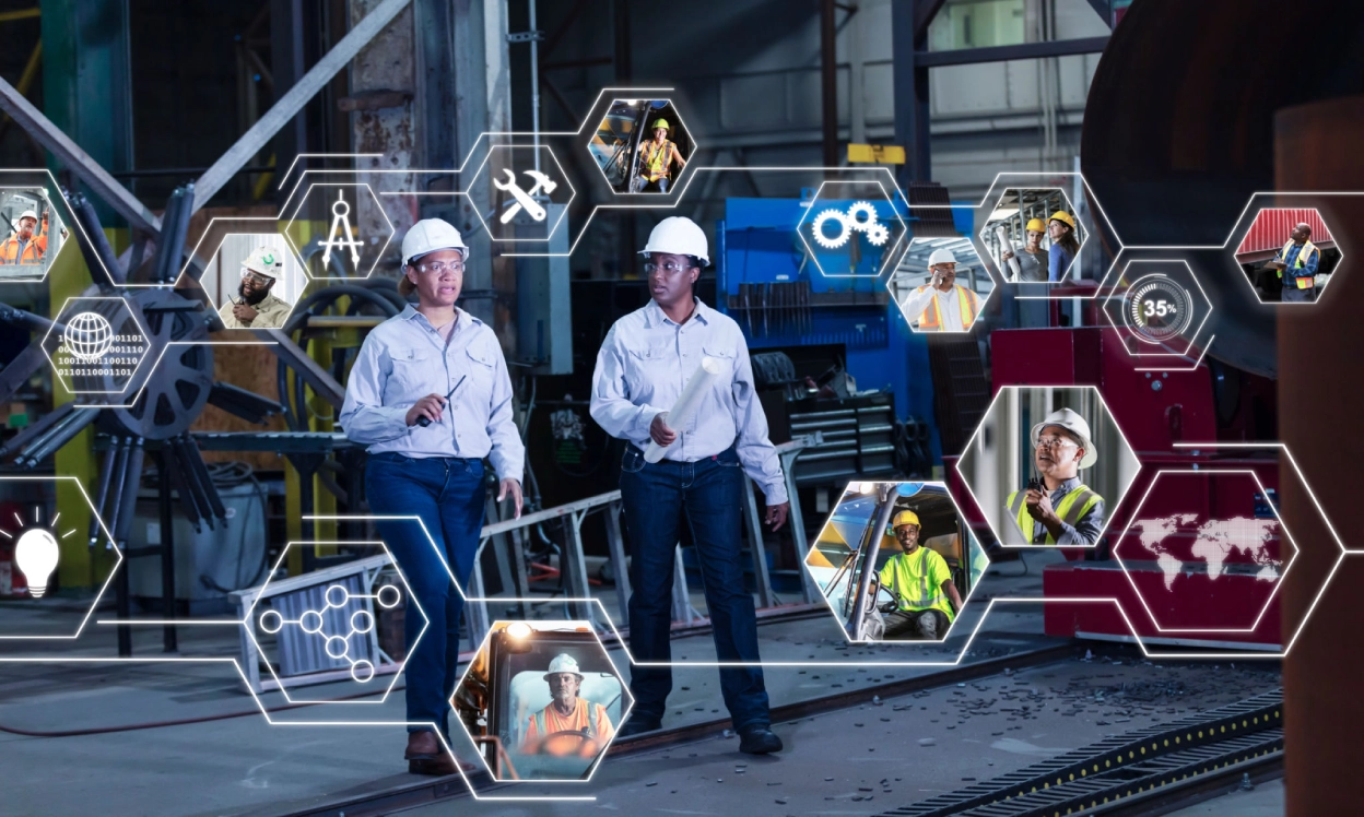 Workers in a factory with digital overlays.